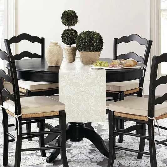 Elegant Damask Table Runner, White, Floral Pattern, French Country Style