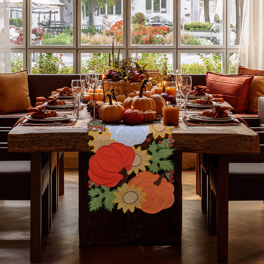 Fall Harvest Table Runner with Pumpkin and Sunflower Design, Autumn Thanksgiving Decorative Table Decor