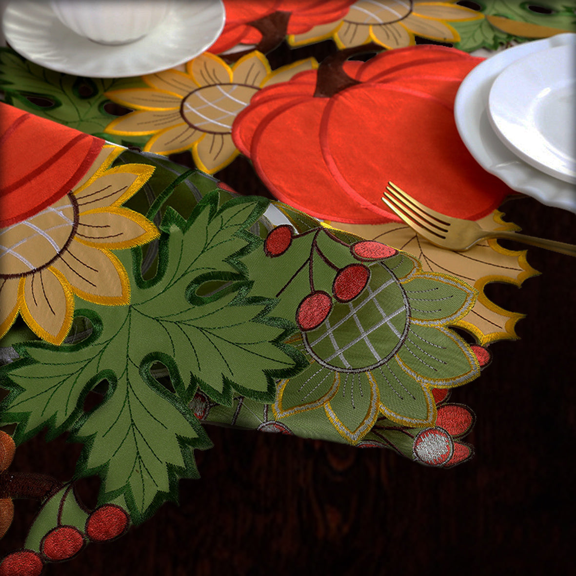Fall Harvest Table Runner with Pumpkin and Sunflower Design, Autumn Thanksgiving Decorative Table Decor