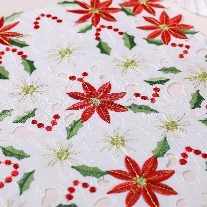 Christmas Poinsettia Embroidered Table Runner | Holiday Lace Table Decor (15"x87")