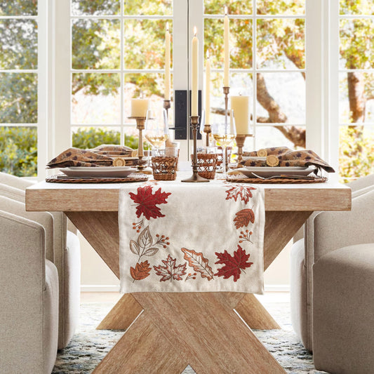 Fall Autumn Leaves Embroidered Table Runner, Decorative Thanksgiving Table Decor, Rust leaves, Maple Leaves, 16x72inch