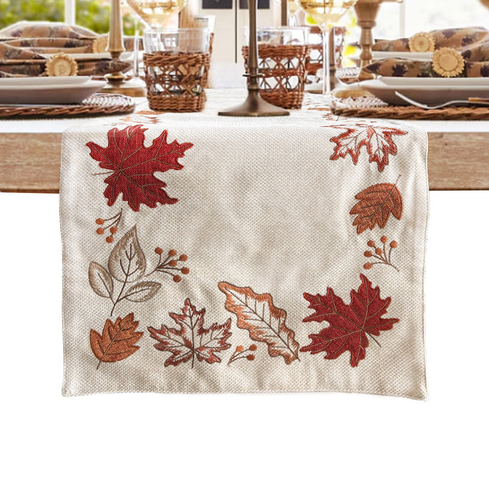 Fall Autumn Leaves Embroidered Table Runner, Decorative Thanksgiving Table Decor, Rust leaves, Maple Leaves, 16x72inch