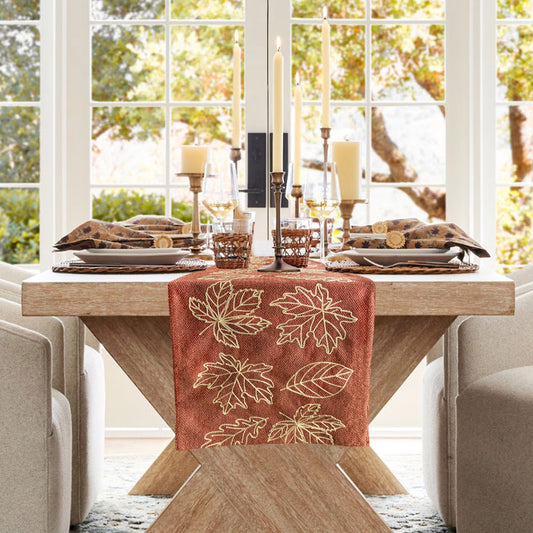 Fall Maple Leaf Embroidered Table Runner, Rust Orange with Gold Stitching, Rustic Farmhouse Decor 16x72inch