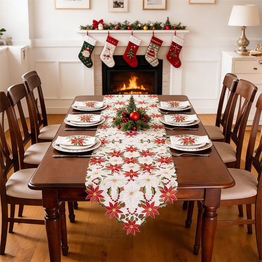 Christmas Poinsettia Embroidered Table Runner | Holiday Lace Table Decor (15"x87")