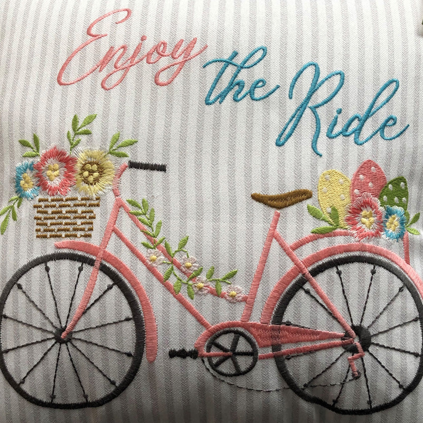 Easter Bicycle Embroidered Throw Pillow Cover 20×20 Inch – “Enjoy the Ride” Stripe Print Cushion Case (Pillow Insert Not Included)