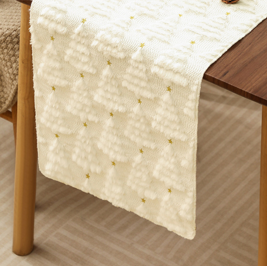Cozy Knitted Christmas Table Runner, Cream White Christmas Tree & Gold Star Design, Festive Holiday Table Decor for Xmas Dinner, Party, Home Kitchen Dining Table Decoration