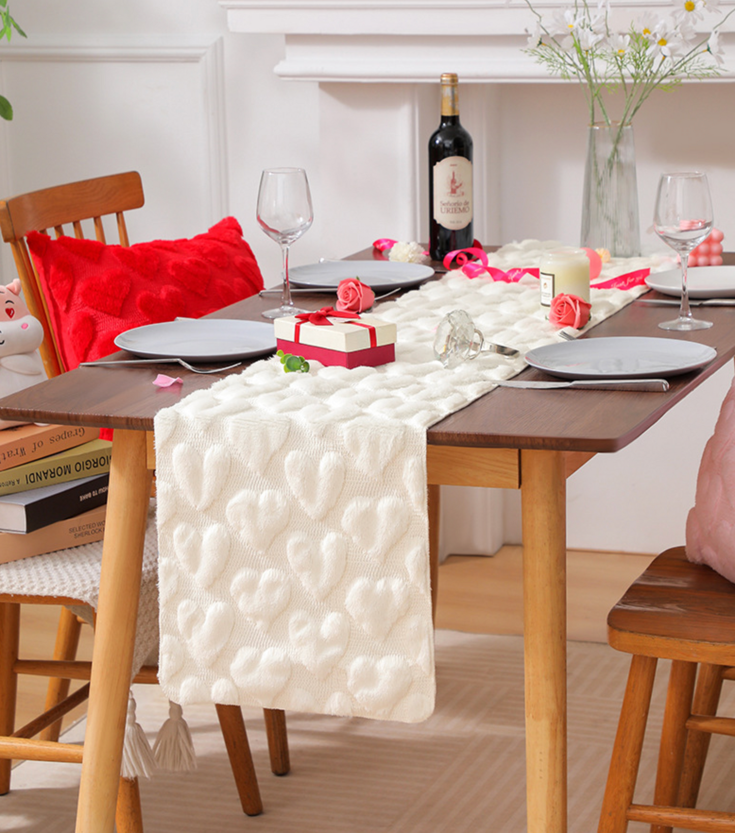 Valentine's Day Plush Faux Rabbit Fur Table Runner, Heart Embroidery Design, Romantic Table Decor for Valentine’s Dinner, Anniversary, Wedding, 2 Sizes: 13x72" & 13x90" (Red/Pink/Cream)