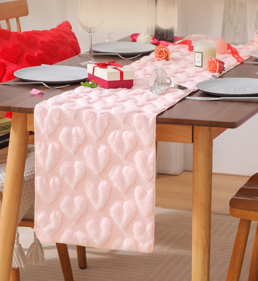 Valentine's Day Plush Faux Rabbit Fur Table Runner, Heart Embroidery Design, Romantic Table Decor for Valentine’s Dinner, Anniversary, Wedding, 2 Sizes: 13x72" & 13x90" (Red/Pink/Cream)
