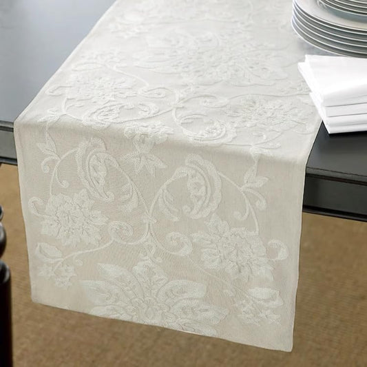Elegant Damask Table Runner, White, Floral Pattern, French Country Style