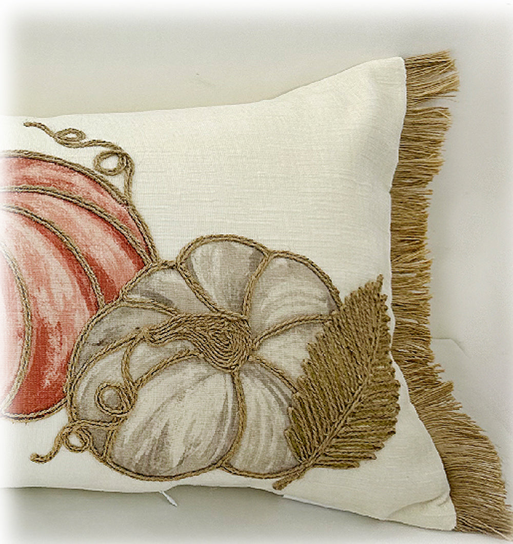 Fall Pumpkin Chenille Lumbar Pillow – Handcrafted Rope Embroidered Autumn Throw Pillow with Fringe for Farmhouse Thanksgiving Home Decor,14X35″