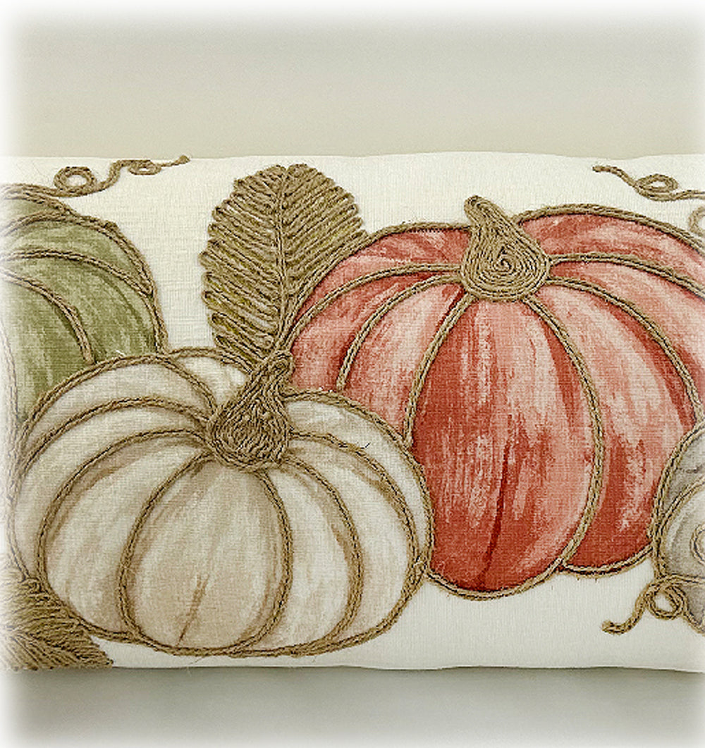 Fall Pumpkin Chenille Lumbar Pillow – Handcrafted Rope Embroidered Autumn Throw Pillow with Fringe for Farmhouse Thanksgiving Home Decor,14X35″