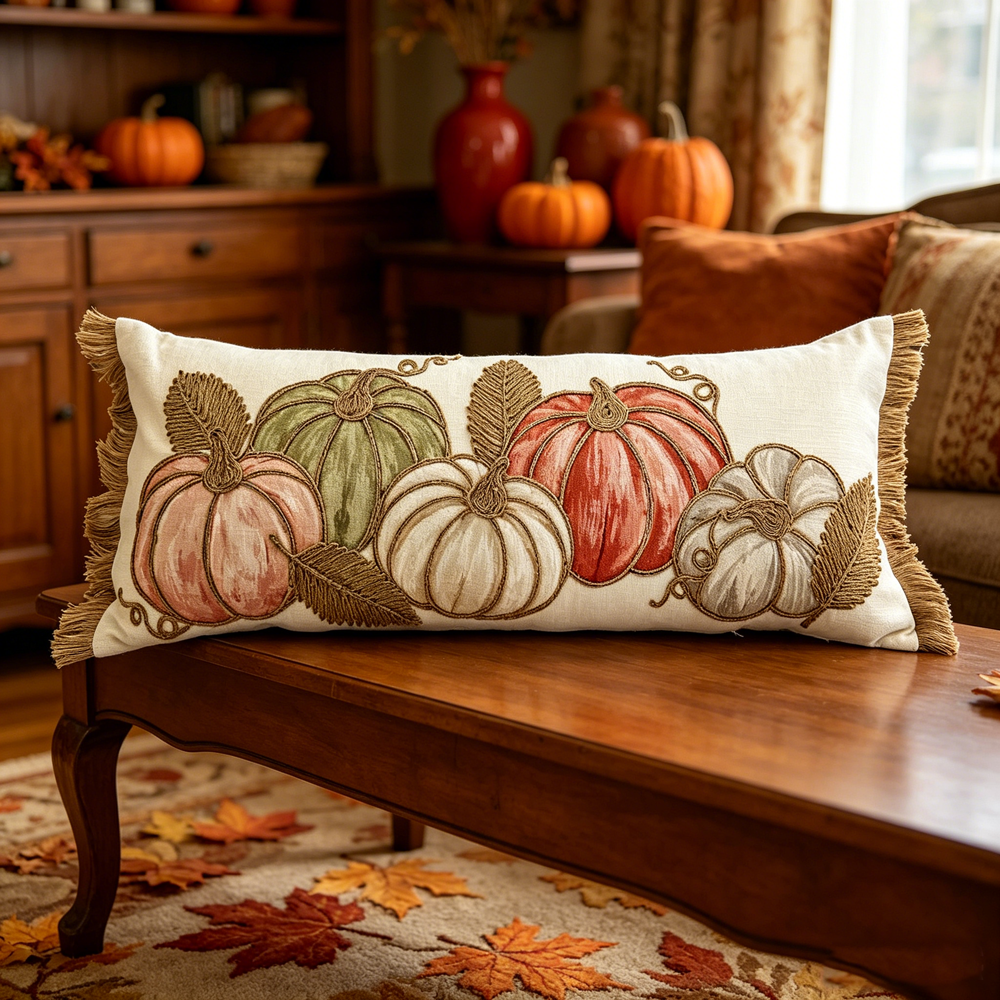 Fall Pumpkin Chenille Lumbar Pillow – Handcrafted Rope Embroidered Autumn Throw Pillow with Fringe for Farmhouse Thanksgiving Home Decor,14X35″