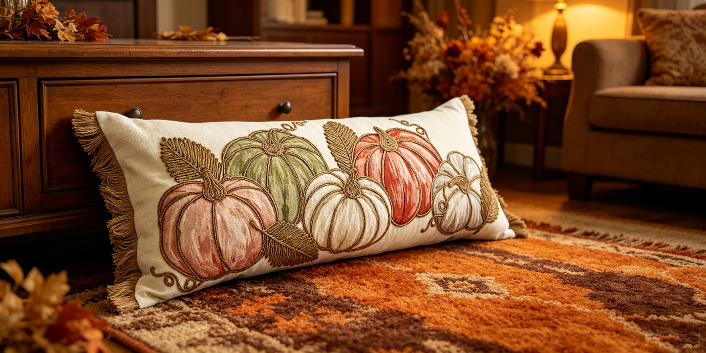 Fall Pumpkin Chenille Lumbar Pillow – Handcrafted Rope Embroidered Autumn Throw Pillow with Fringe for Farmhouse Thanksgiving Home Decor,14X35″