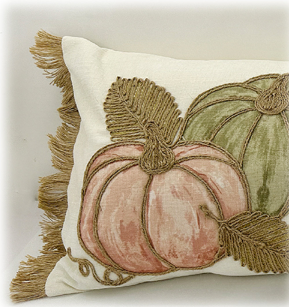Fall Pumpkin Chenille Lumbar Pillow – Handcrafted Rope Embroidered Autumn Throw Pillow with Fringe for Farmhouse Thanksgiving Home Decor,14X35″