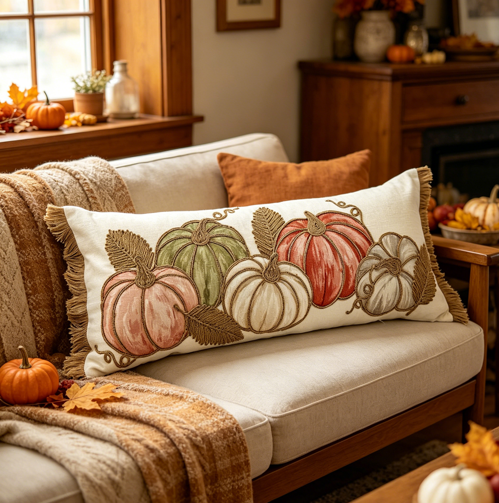 Fall Pumpkin Chenille Lumbar Pillow – Handcrafted Rope Embroidered Autumn Throw Pillow with Fringe for Farmhouse Thanksgiving Home Decor,14X35″