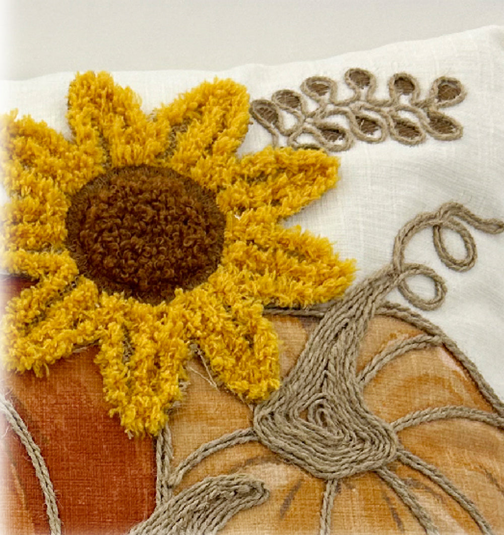 Pumpkin Sunflower Chenille Throw Pillow Cover | 3D Embroidered Fall Thanksgiving Decor | Appliqué Autumn Cushion for Couch Sofa | Removable Washable | 20×20 Inch