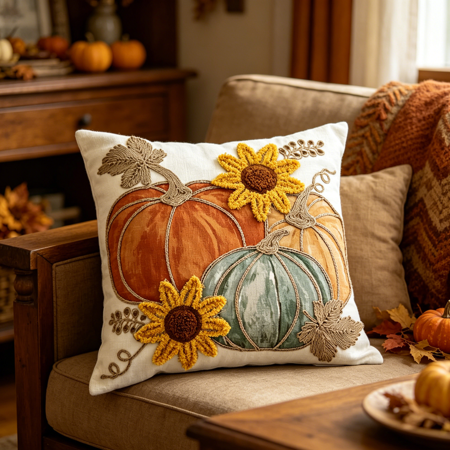 Pumpkin Sunflower Chenille Throw Pillow Cover | 3D Embroidered Fall Thanksgiving Decor | Appliqué Autumn Cushion for Couch Sofa | Removable Washable | 20×20 Inch