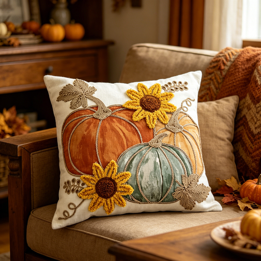 Pumpkin Sunflower Chenille Throw Pillow Cover | 3D Embroidered Fall Thanksgiving Decor | Appliqué Autumn Cushion for Couch Sofa | Removable Washable | 20×20 Inch