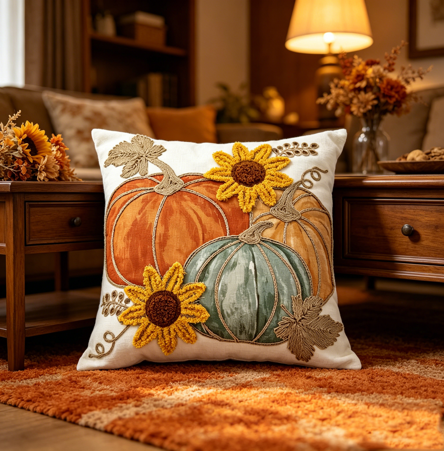 Pumpkin Sunflower Chenille Throw Pillow Cover | 3D Embroidered Fall Thanksgiving Decor | Appliqué Autumn Cushion for Couch Sofa | Removable Washable | 20×20 Inch