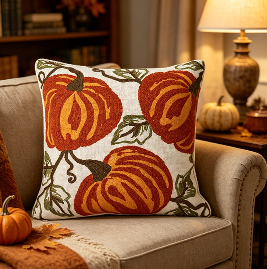 Classic chainstitch embroidery pumpkin pillow cover, rustic farmhouse fall,Halloween,Thanksgiving home decor 20×20″