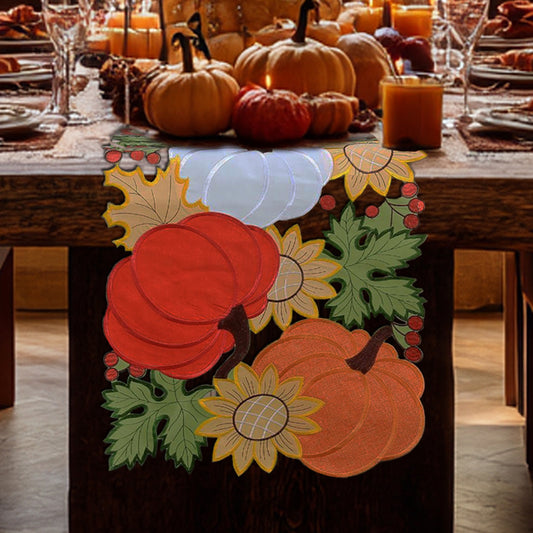 Fall Harvest Table Runner with Pumpkin and Sunflower Design, Autumn Thanksgiving Decorative Table Decor