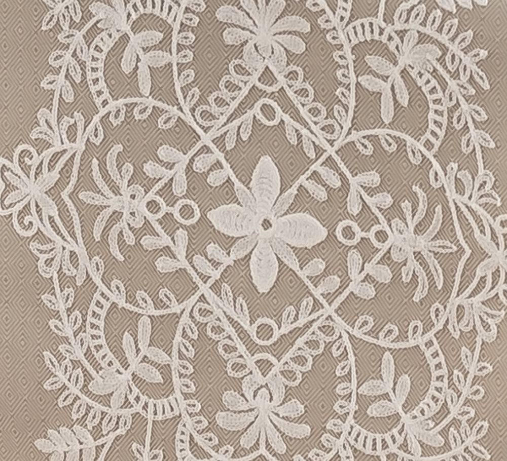 Embroidered Floral Table Runner, Beige with White Medallion Design, Elegant Vintage Style,16X87