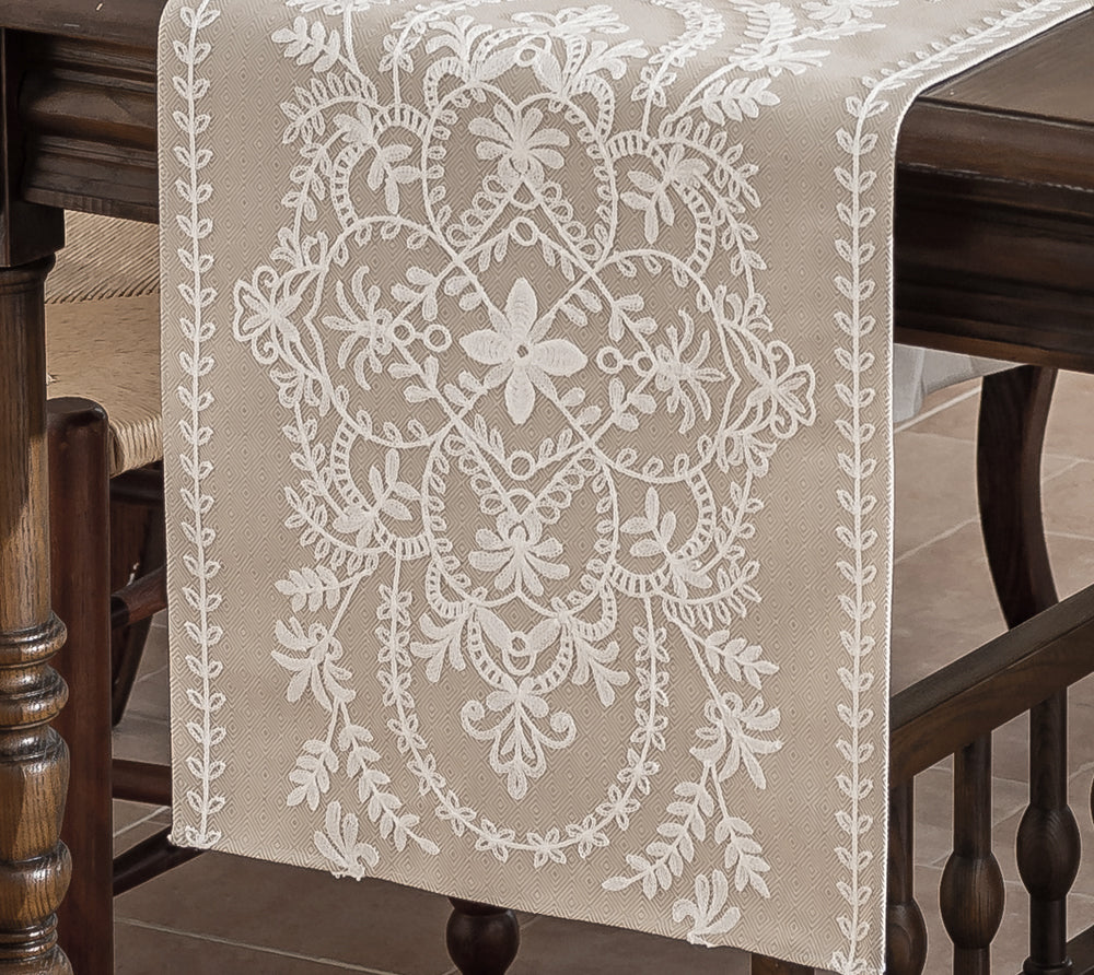 Embroidered Floral Table Runner, Beige with White Medallion Design, Elegant Vintage Style,16X87