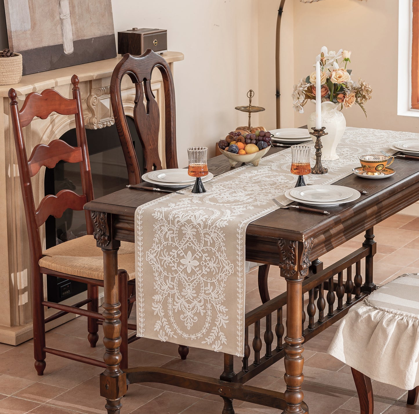 Embroidered Floral Table Runner, Beige with White Medallion Design, Elegant Vintage Style,16X87