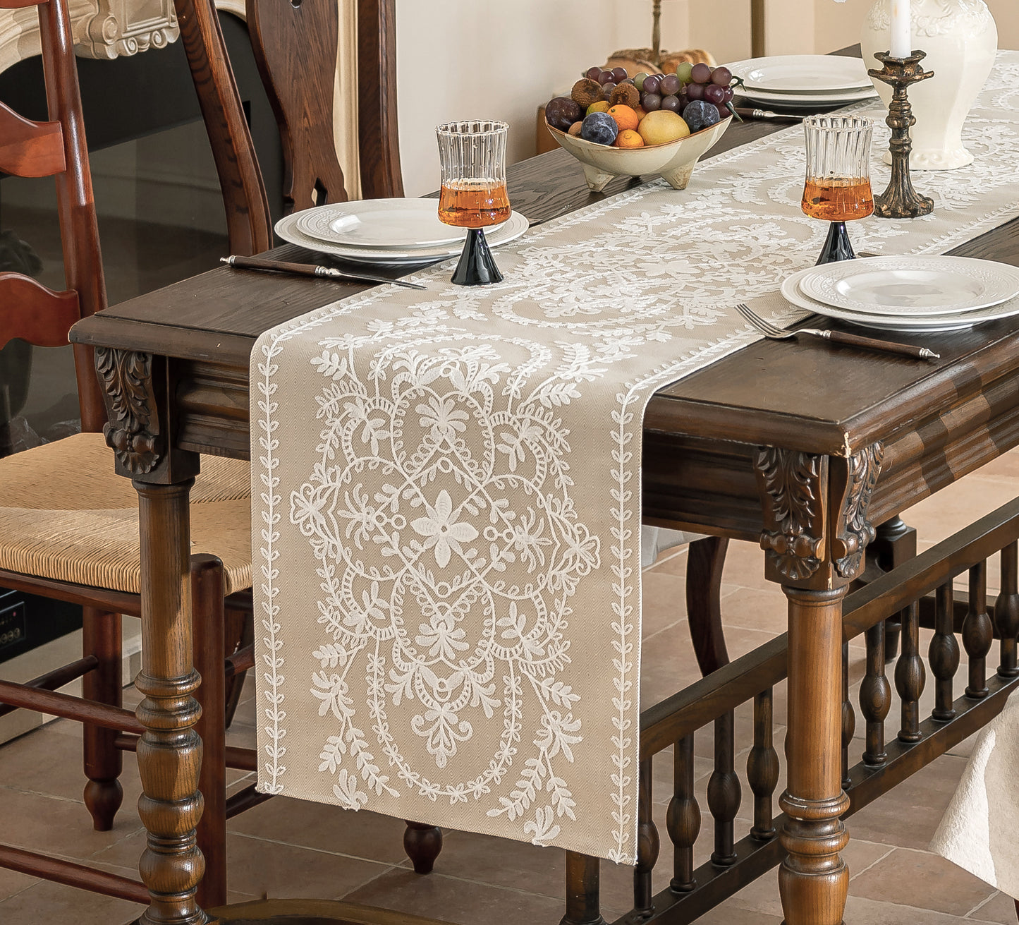 Embroidered Floral Table Runner, Beige with White Medallion Design, Elegant Vintage Style,16X87