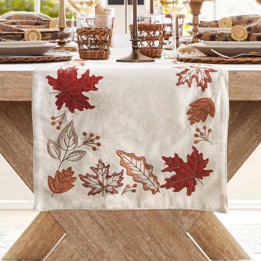 Fall Autumn Leaves Embroidered Table Runner, Decorative Thanksgiving Table Decor, Rust leaves, Maple Leaves, 16x72inch