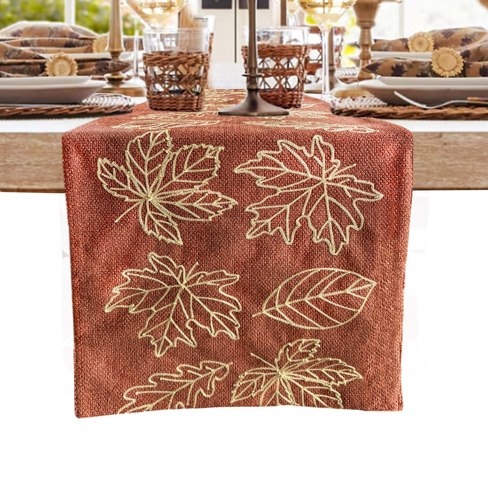 Fall Maple Leaf Embroidered Table Runner, Rust Orange with Gold Stitching, Rustic Farmhouse Decor 16x72inch