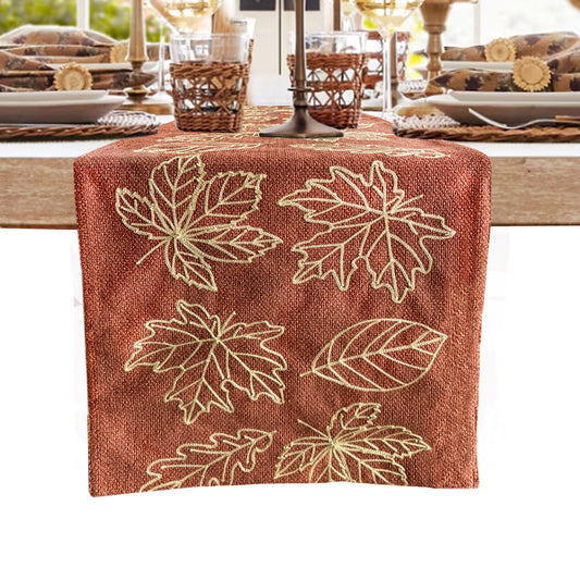 Fall Maple Leaf Embroidered Table Runner, Rust Orange with Gold Stitching, Rustic Farmhouse Decor 16x72inch