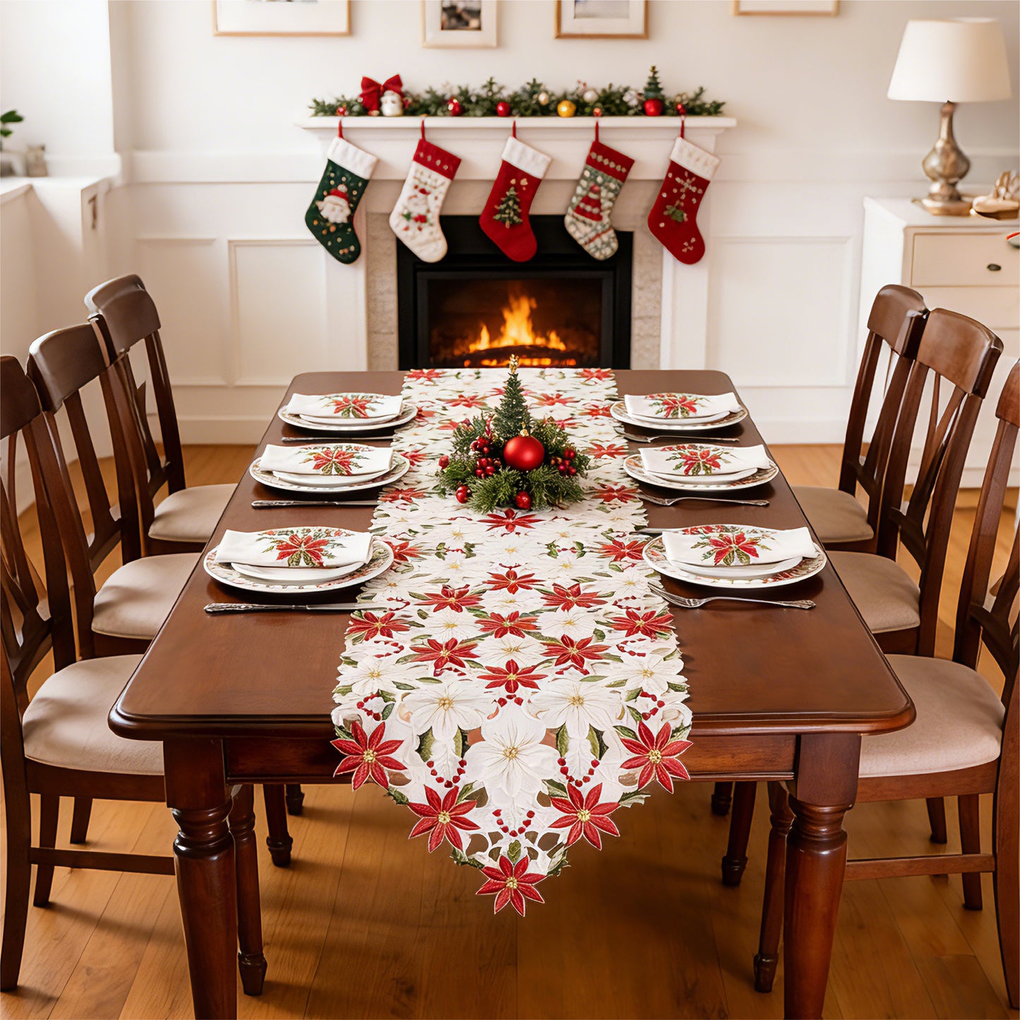 Christmas Poinsettia Embroidered Table Runner | Holiday Lace Table Decor (15"x87")