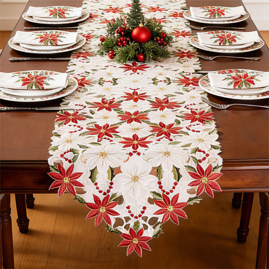 Christmas Poinsettia Embroidered Table Runner | Holiday Lace Table Decor (15"x87")