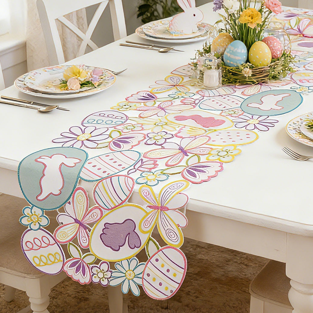 Easter Embroidered Table Runner - Bunny & Egg Floral Decor for Spring Dinner Table (13x72 Inches)