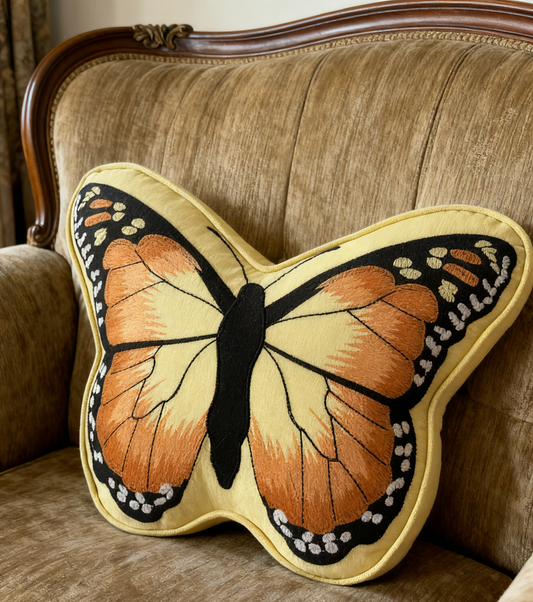 3D Monarch Butterfly Shaped Full-Stitch Embroidered Pillow – 13×18 Inches Plush Decorative Cushion