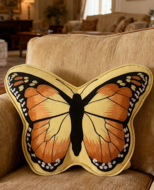 3D Monarch Butterfly Shaped Full-Stitch Embroidered Pillow – 13×18 Inches Plush Decorative Cushion