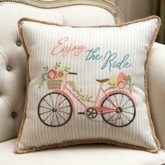 Easter Bicycle Embroidered Throw Pillow Cover 20×20 Inch – “Enjoy the Ride” Stripe Print Cushion Case (Pillow Insert Not Included)