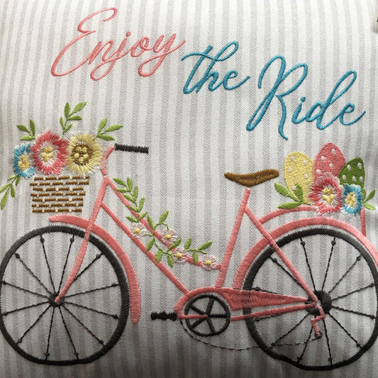 Easter Bicycle Embroidered Throw Pillow Cover 20×20 Inch – “Enjoy the Ride” Stripe Print Cushion Case (Pillow Insert Not Included)
