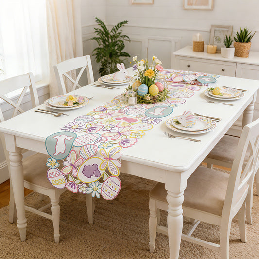 Easter Embroidered Table Runner - Bunny & Egg Floral Decor for Spring Dinner Table (13x72 Inches)